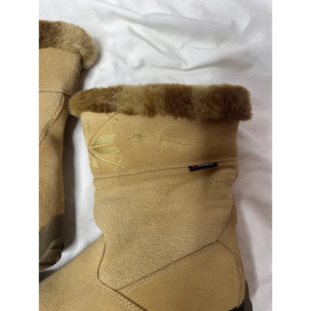Sports Polartec Tan Suede Winter Boots Faux Fur Trim Embroidered Mid Calf Women